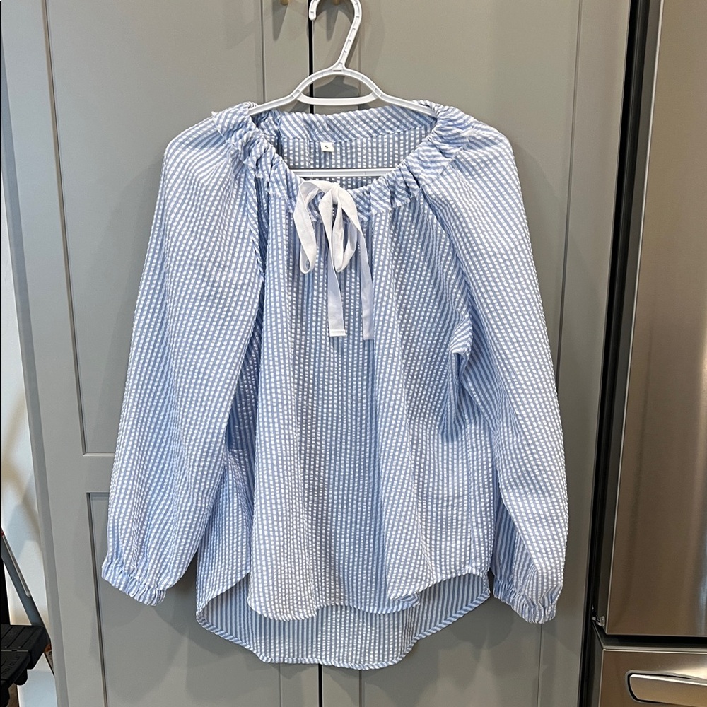 Blue and White Striped Blouse with Bow